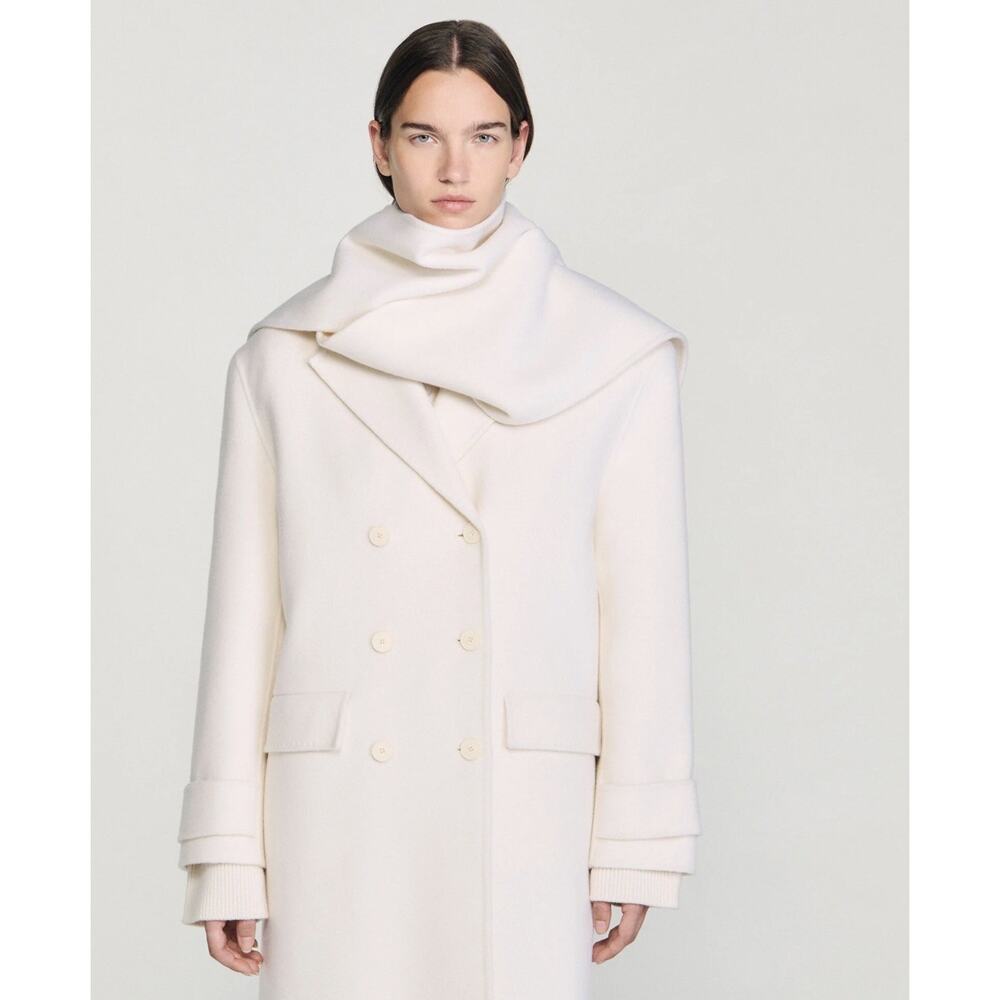Sandro Womens Wrap Scarf Collar Long Overcoat 42 White - Picture 5 of 15